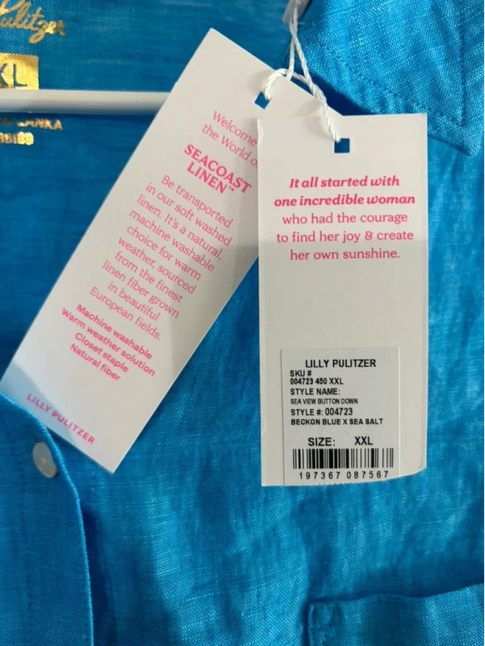 Lilly Pulitzer XXL Blue 100% Linen Button Down Shirt NWT Coastal Resort - Picture 5 of 7